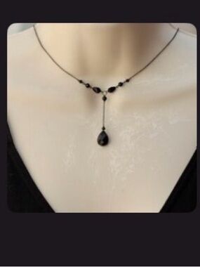 NIB Elegant Black Onyx Teardrop goth 925 oxidized silver Y-Necklace unworn